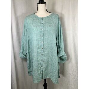Tahari Linen Tunic Top Green Womens Size 2X Scandi Lagenlook Resort Coastal